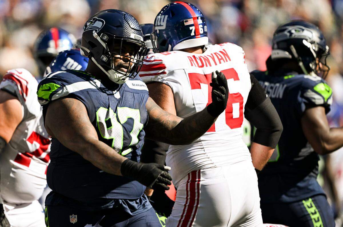 Seattle Seahawks defensive tackle Johnathan Hankins (97) comes off the field during the second quarter of the game at Lumen Field, on Sunday, Oct. 6, 2024 in Seattle, Wash.