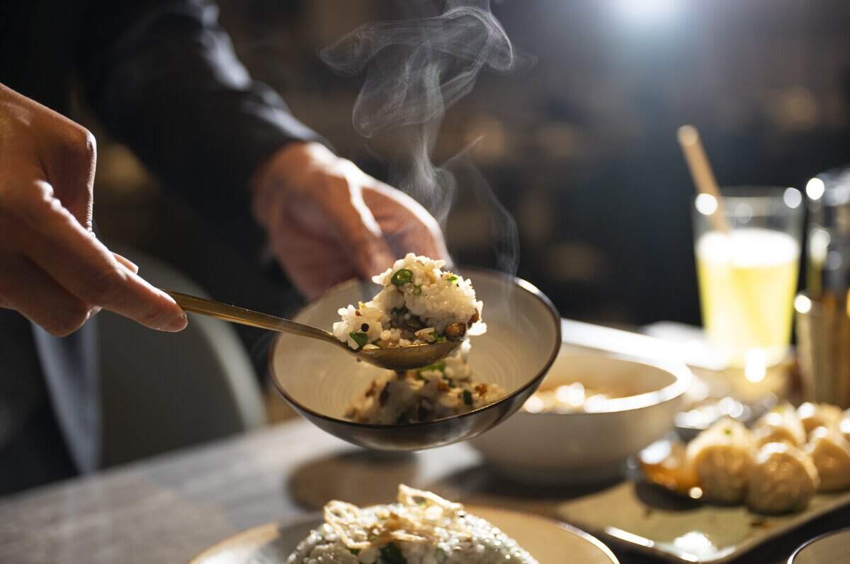 A vegetarian mushroom fried rice with egg-white pearls at Supreme Dumplings on Thursday, June 11, 2026, in Tacoma, Wash.
