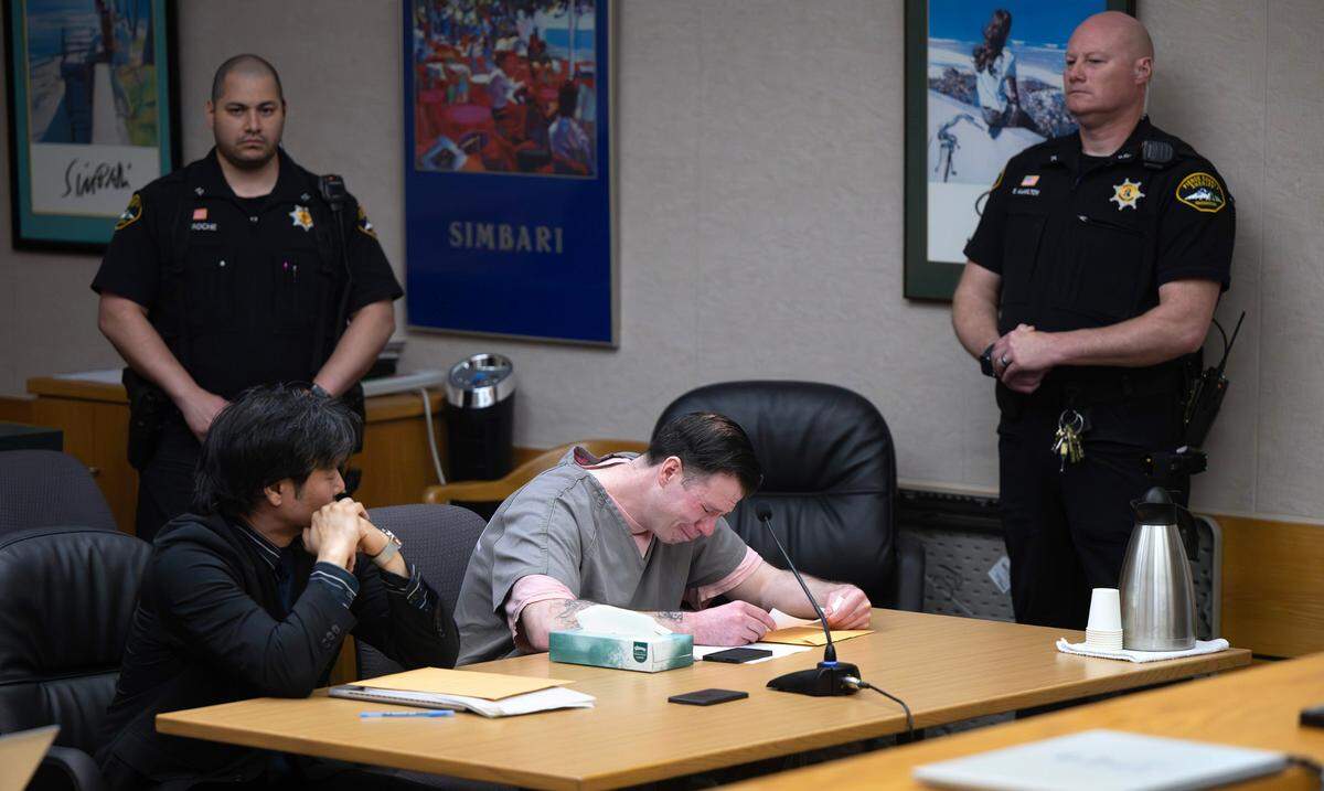 U.S. Army Ranger Patrick Philip Byrne cries as he pleads for mercy from Pierce County Superior Court Judge Stanley Rumbaugh on Friday, May 10, 2024, during his sentencing hearing that followed Byrne’s guilty plea to first-degree murder in the 2021 beating death of security guard Denise Smith. Rumbaugh sentenced Byrne to 20 years in prison.