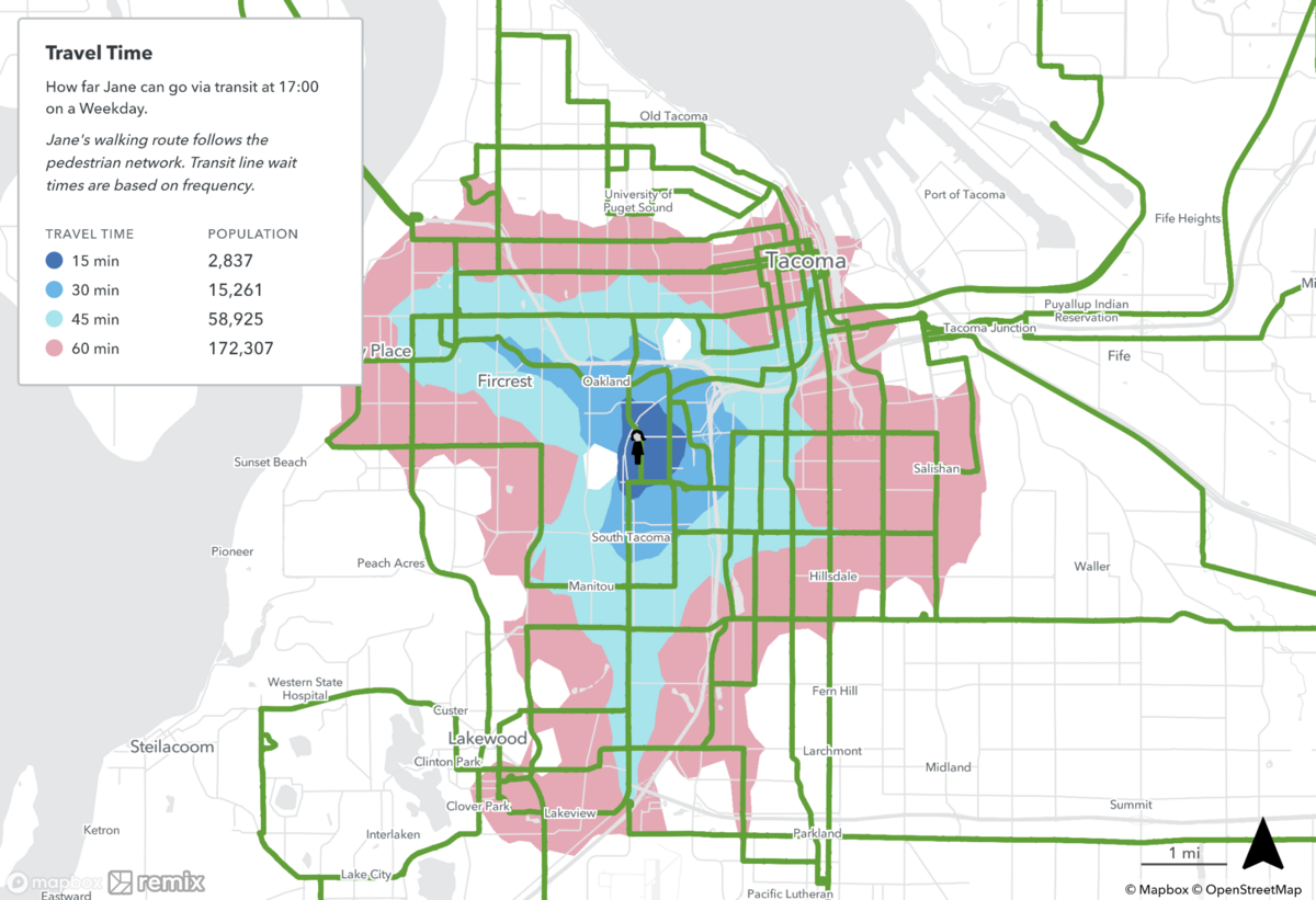 A graphic from Pierce Transit showing bus travel times to different parts of the city from the 4000 block of South Puget Sound Avenue in Tacoma.