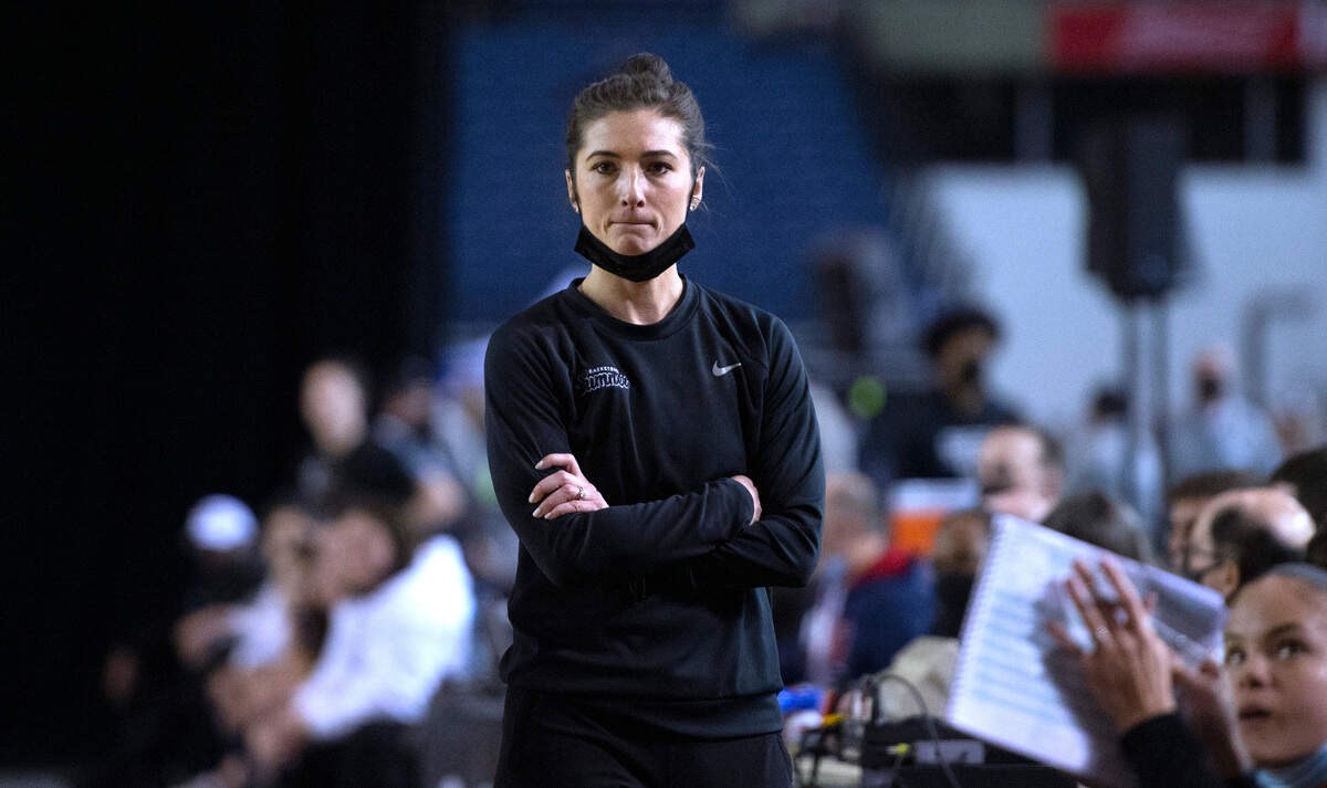 Sumner head coach Katie Hyppa watches the Spartans against the Pasco Bulldogs in Friday evening’s semifinal game of the WIAA 4A Girls Basketball State Championships tournament in the Tacoma Dome in Tacoma, Washington, on Friday, March 4, 2022.