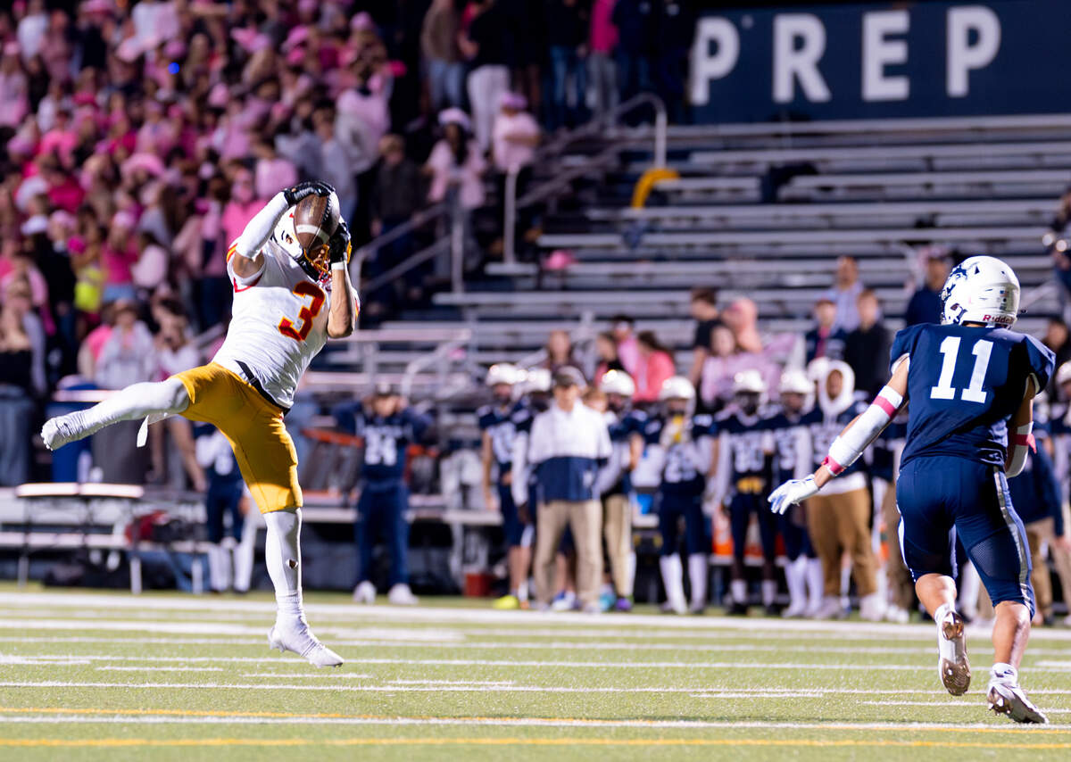 Mount Tahoma’s Felix Diaz (3) goes up for a reception that puts the T-birds in striking distance of the goal line during the first half of the game at Bellarmine Preparatory School, on Friday, Oct. 11, 2024, in Tacoma, Wash.