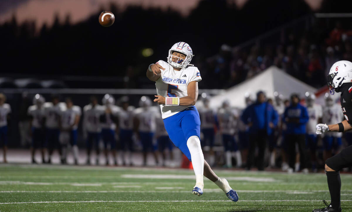 Graham Kapowsin quarterback AJ Tuivaiave delivers a pass during Friday night’s football game against the Yelm Tornados at Yelm High School in Yelm, Washington, on Oct. 4, 2024.
