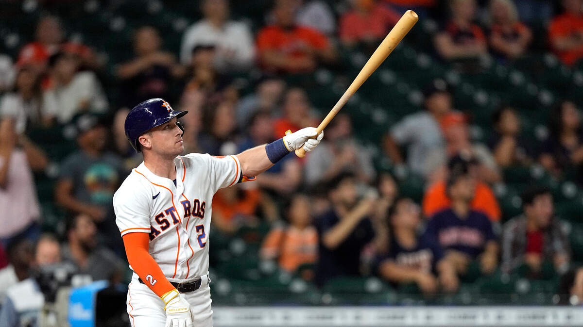 Houston Astros’ Alex Bregman watches his two-run home run against the Seattle Mariners during the ninth inning of a baseball game Tuesday, Sept. 7, 2021, in Houston. (AP Photo/David J. Phillip)