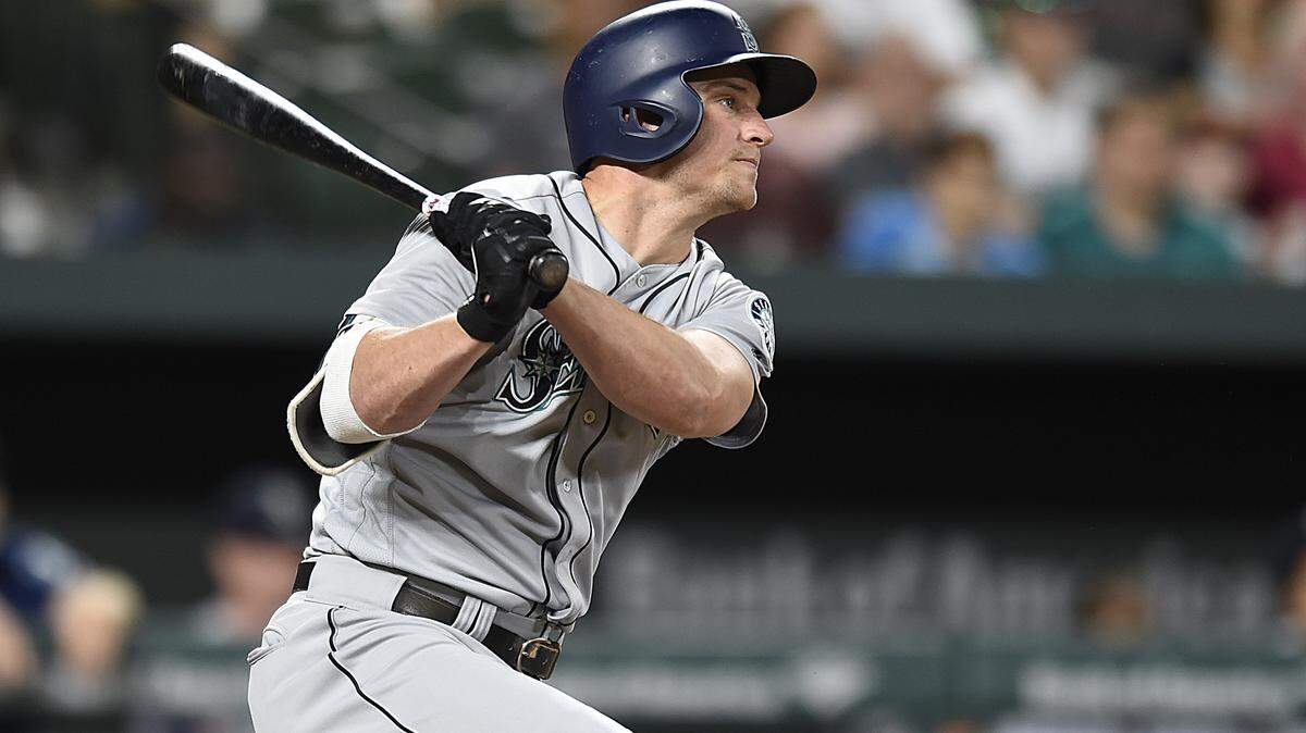 Seattle Mariners’ Kyle Seager follows through on a two-run single against the Baltimore Orioles during the eighth inning of baseball game Tuesday, June 26, 2018, in Baltimore. The Mariners won 3-2.(AP Photo/Gail Burton)