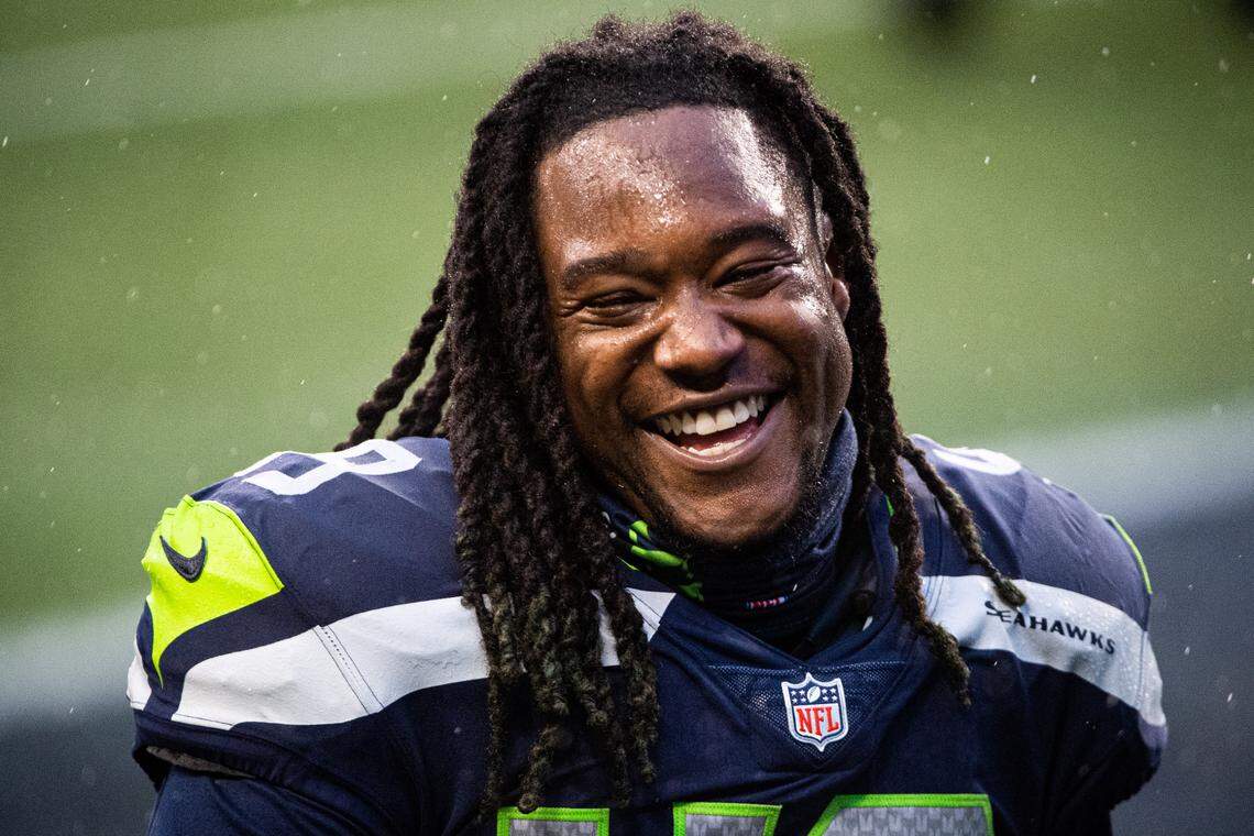 Seattle Seahawks linebacker Shaquem Griffin is all smiles as he leaves the field after the game. The Seattle Seahawks played the New York Jets in a NFL football game at Lumen Field in Seattle, Wash., on Sunday, Dec. 13, 2020.