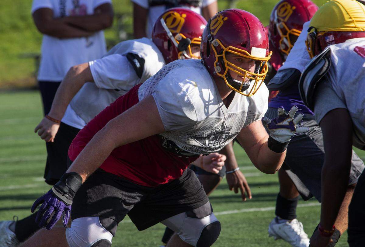 Lineman Owen Prentice, one of the top junior recruits in the state, is one of the only players in football program’s storied history to start as a a freshman. Shot at Genessee Park where O’Dea practices Monday, October 14, 2019.