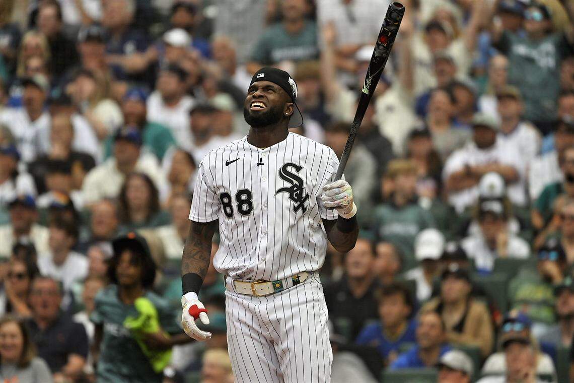 Luis Robert Jr of the Chicago White Sox in the first round of the 2023 MLB Home Run Derby at T-Mobile Park in Seattle on Monday, July 10, 2023.
