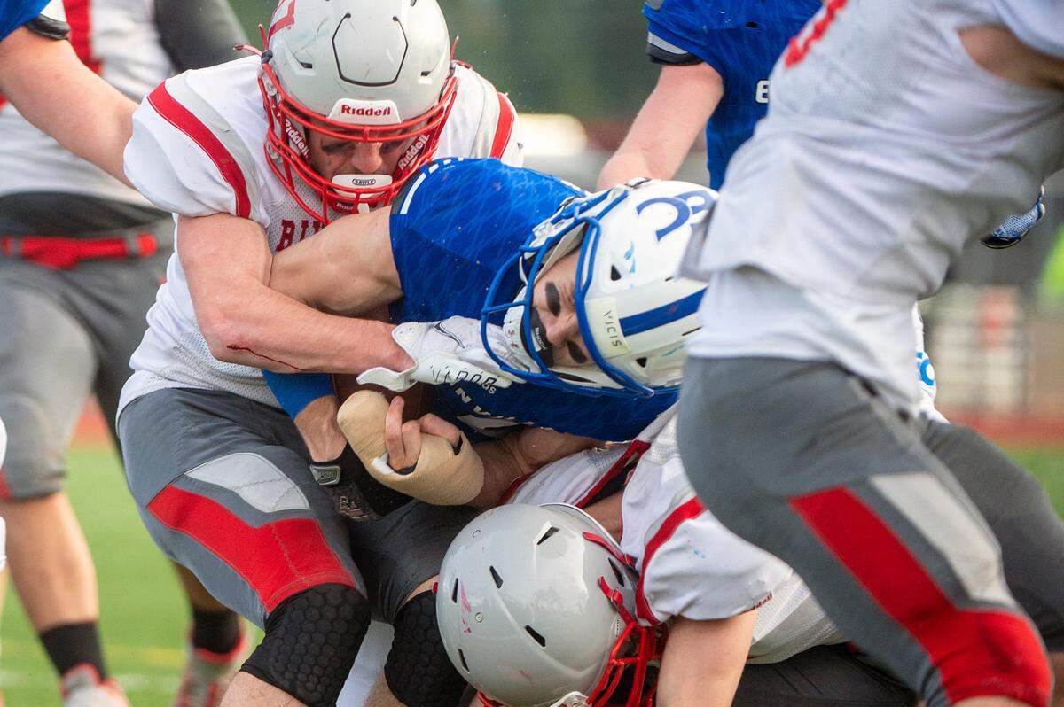 Eatonville’s Job Kralik smashes into the endzone for a touchdown in the third quarter of a State 1A quarterfinal game against Riverside on Saturday afternoon at Art Crate Field in Spanaway.