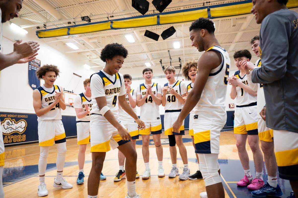Annie Wright Gators dance before of the boy’s basketball game against Life Christian at Annie Wright School, on Thursday, Jan. 23, 2025, in Tacoma Wash.