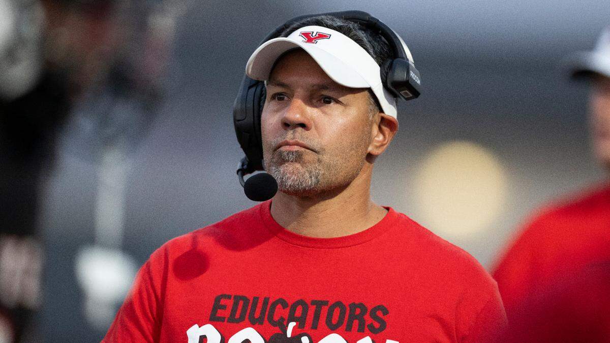 Yelm head coach Jason Ronquillo looks on during the first half of the game against Mount Tahoma at Yelm High School, on Thursday, Sept. 5, 2024, in Yelm, Wash.of the game at Yelm High School, on Thursday, Sept. 5, 2024, in Yelm, Wash.