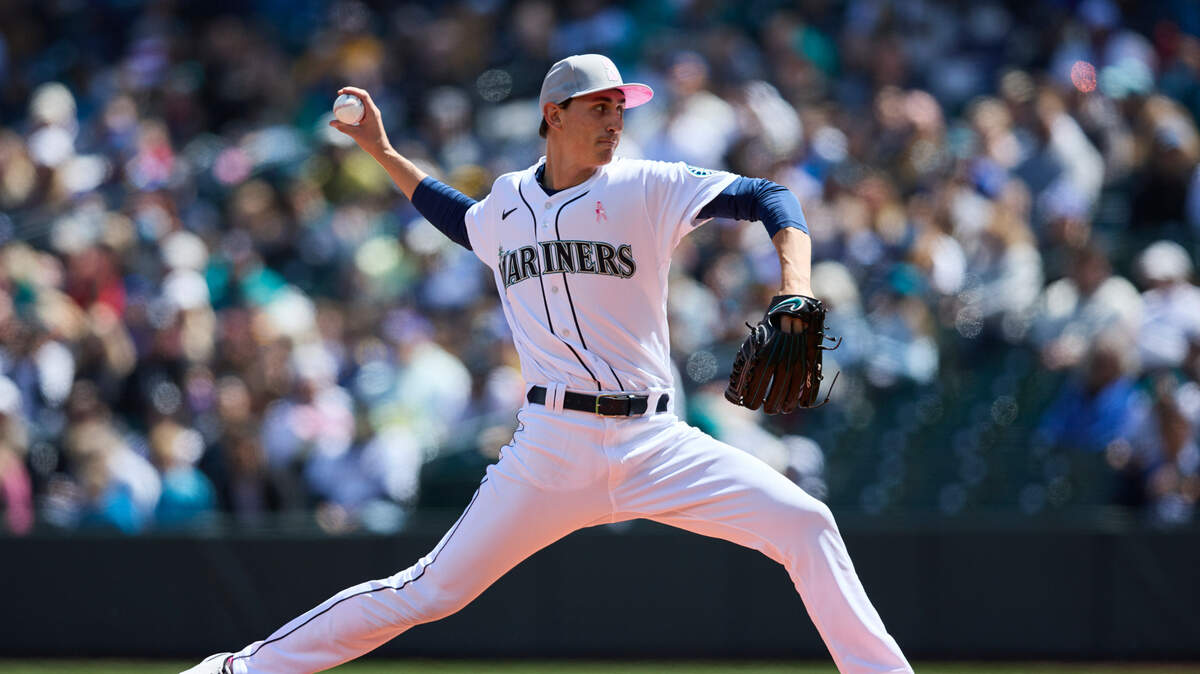 Seattle Mariners starting pitcher George Kirby works on the mound against the Tampa Bay Rays during a baseball game, Sunday, May 8, 2022, in Seattle. Kirby made his MLB debut pitching six innings in the 2-1 win for the Mariners. (AP Photo/John Froschauer)