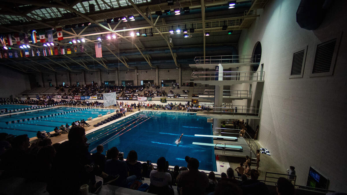 The audience watches the dive competition at the 4A State Swim and Dive Championship at the King County Aquatic Center in Federal Way, Wash., on Saturday, Feb. 22, 2020.