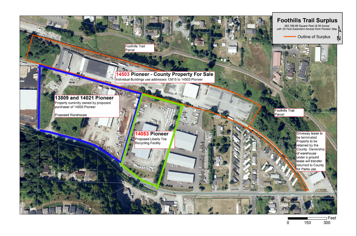 Pierce County is considering selling 8.35 acres of surplus property outlined in red on Pioneer Way East in Puyallup. Property that is not owned by the county, outlined in green, is proposed to become a Liberty Tire Recycling Facility. A final decision about sale of the county property at 14503 Pioneer Way E. will be before the council March 19, 2024.