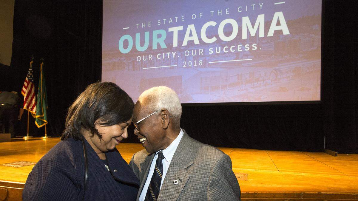 A tender moment from Tacoma’s black history: After the crowds thinned following her first State of the City address last year, Tacoma Mayor Victoria Woodards was greeted by Harold Moss, her longtime friend, mentor and father figure. Moss was the city’s first black mayor and City Council member.