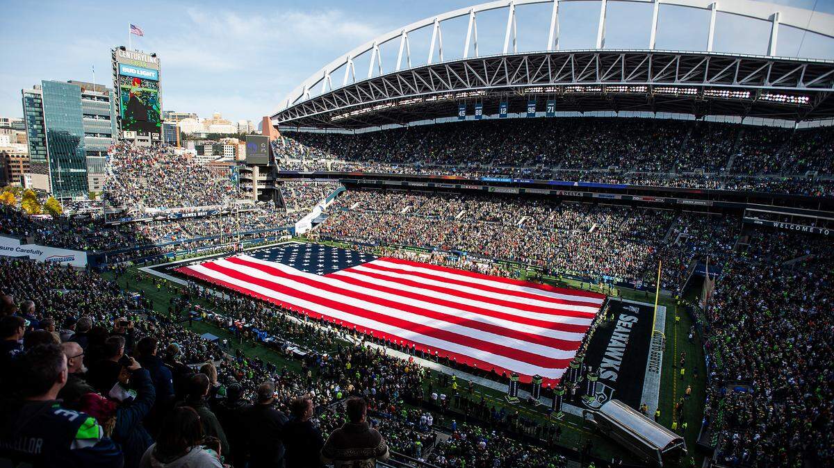 Fans stand for the National Anthem before the game. The Seattle Seahawks played the Tampa Bay Buccaneers in a NFL football game at CenturyLink Field in Seattle, Wash., on Sunday, Nov. 3, 2019.