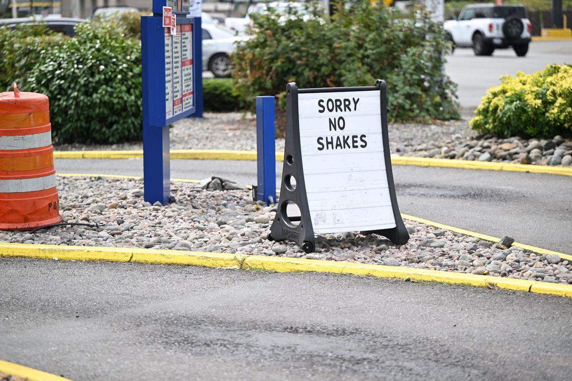 A sign outside of Frugals at 10727 Pacific Ave. S. notifies customers that shakes are not being served on Tuesday, Aug. 22, 2023, near Tacoma, Wash.