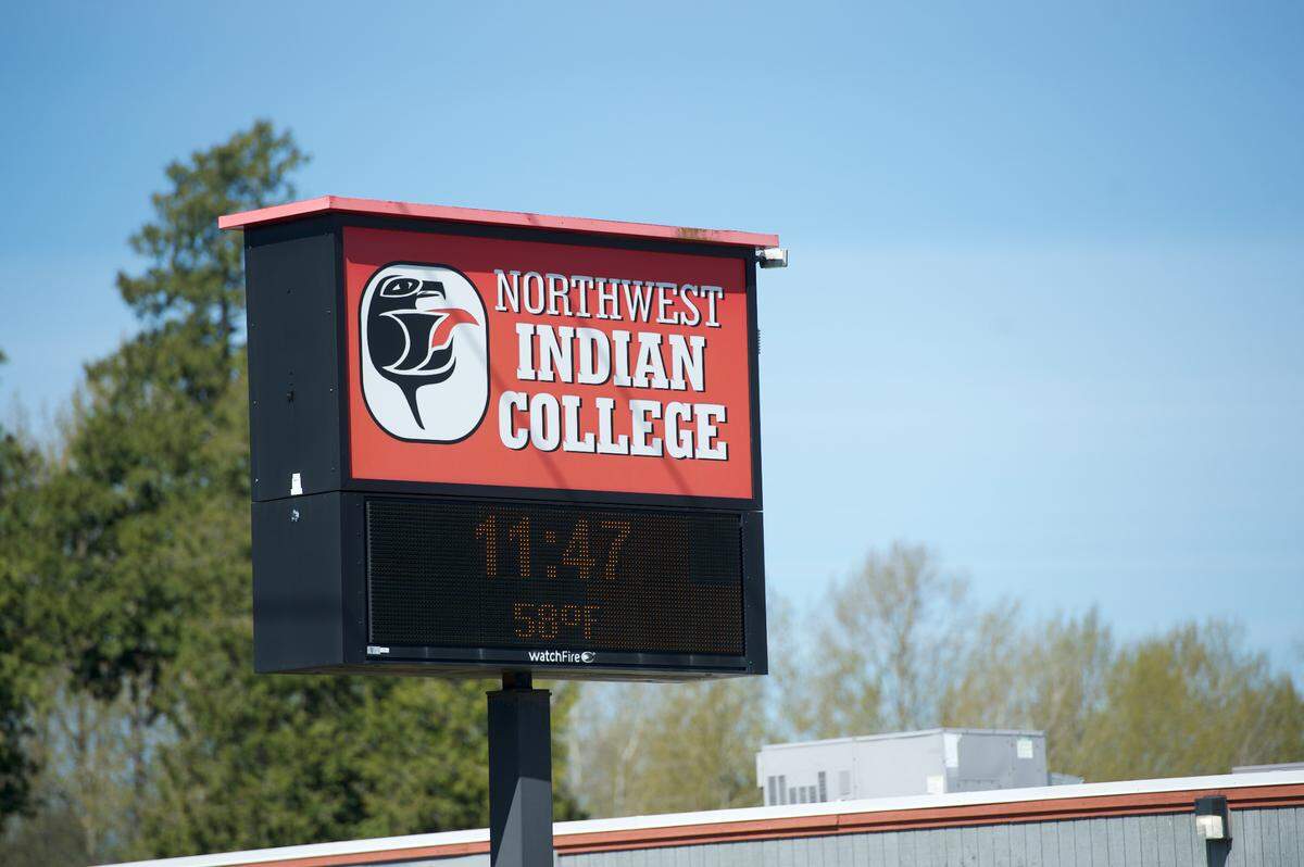 A sign marks the main campus of the Northwest Indian College at 2522 Kwina Road on the Lummi Indian Reservation in Whatcom County.