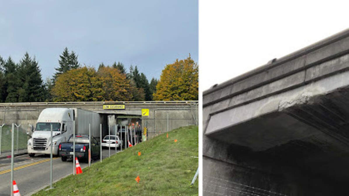 These photos show a semi-truck stuck underneath an I-5 bridge over Pendleton Avenue and the damage to the bridge on Joint Base Lewis-McChord Nov. 4, 2023.