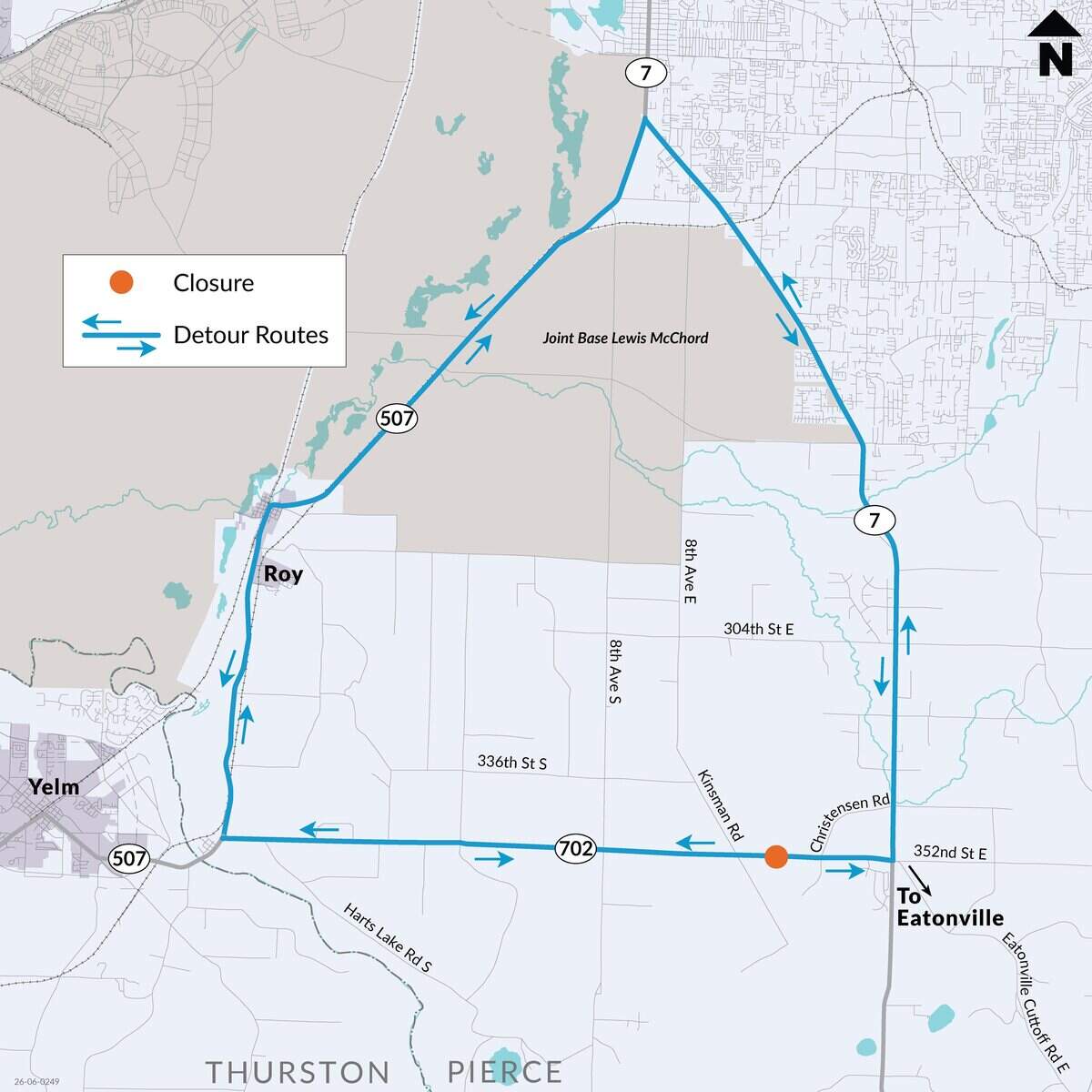 A detour map that shows the path drivers will take while state Route 702 is closed near Eatonville, Wash. on Saturday, June 13, 2026.