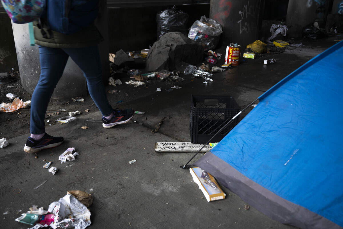 Outreach workers walk under Interstate-5 on Bay Street conducting the Point in Time count, under Interstate-5, on Thursday, Jan. 29, 2026, in Tacoma. The Point in Time Count is a census of unhoused people that takes place nationwide on one day.