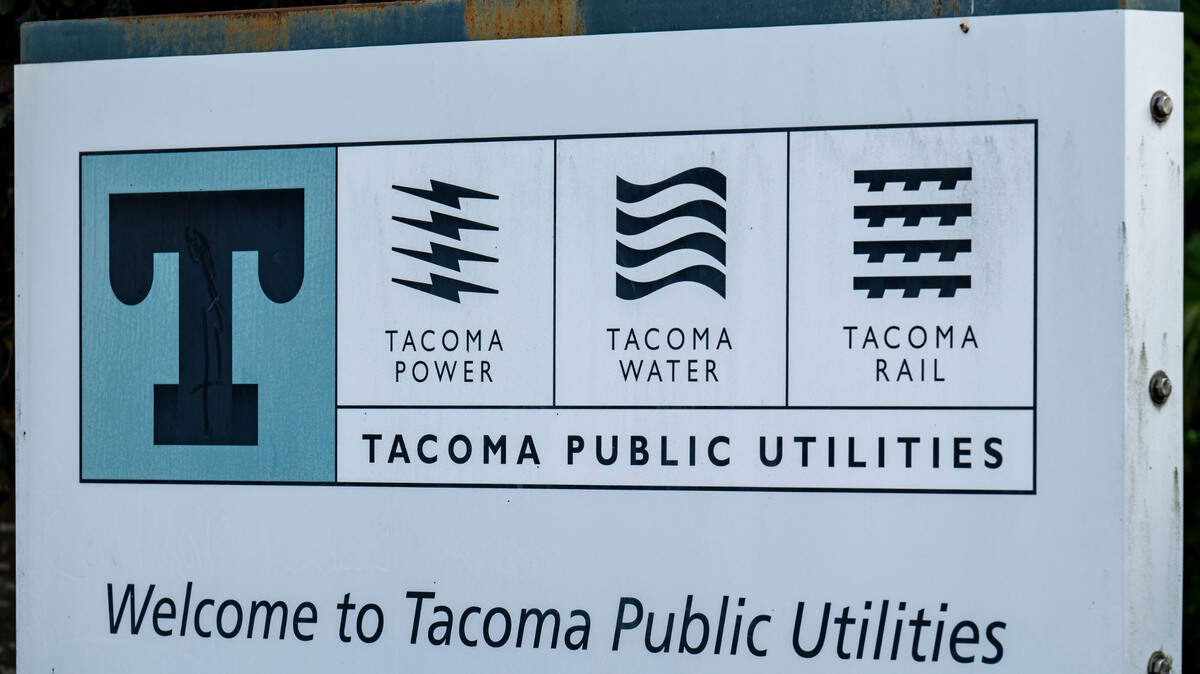 A sign in front of the Tacoma Public Utilities office is seen on Friday, Aug. 25, 2023, in Tacoma, Wash.