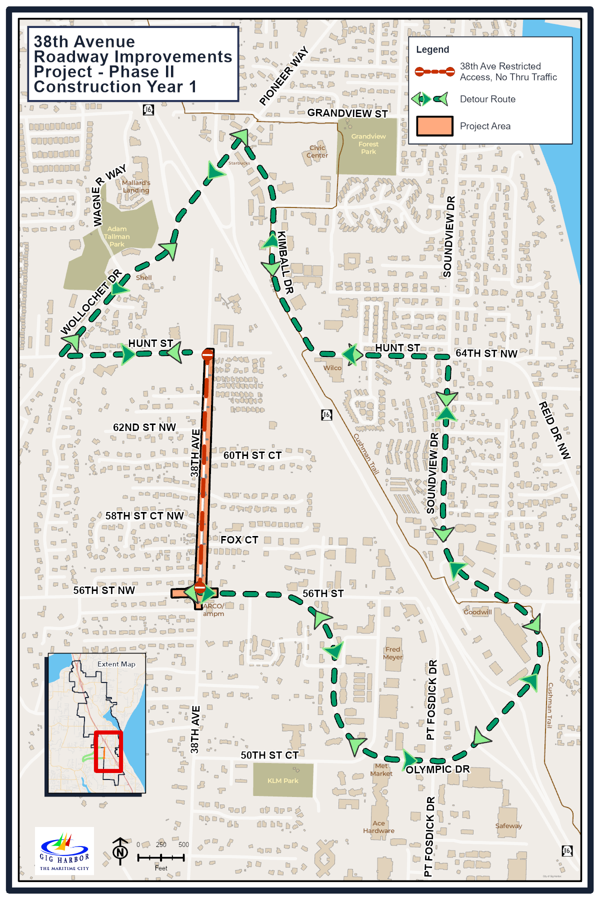 The city of Gig Harbor is directing drivers to take a detour around a stretch of 38th Avenue while crews perform construction work over the next two years, beginning spring 2026.