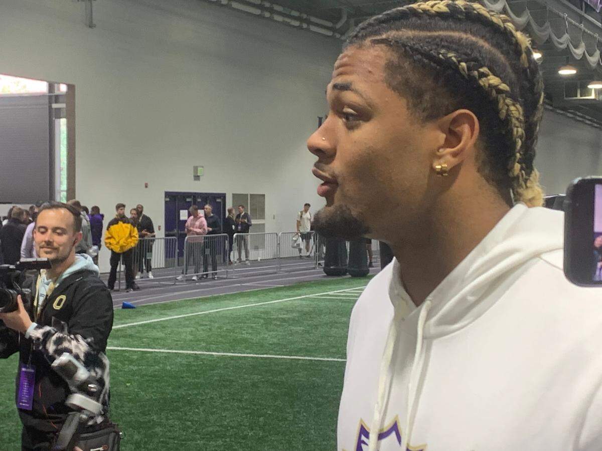 Wide receiver Rome Odunze, expected to be one of the top 10 players selected in the 2024 NFL draft, watched and did not participate in drills at his University of Washington Pro Day at UW’s Dempsey Indoor facility March 28, 2024.