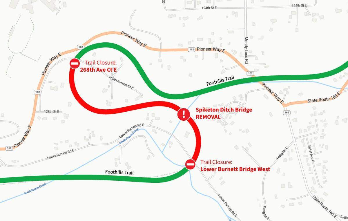This map on the Pierce County website shows the bridge closure on the Foothills Trail.