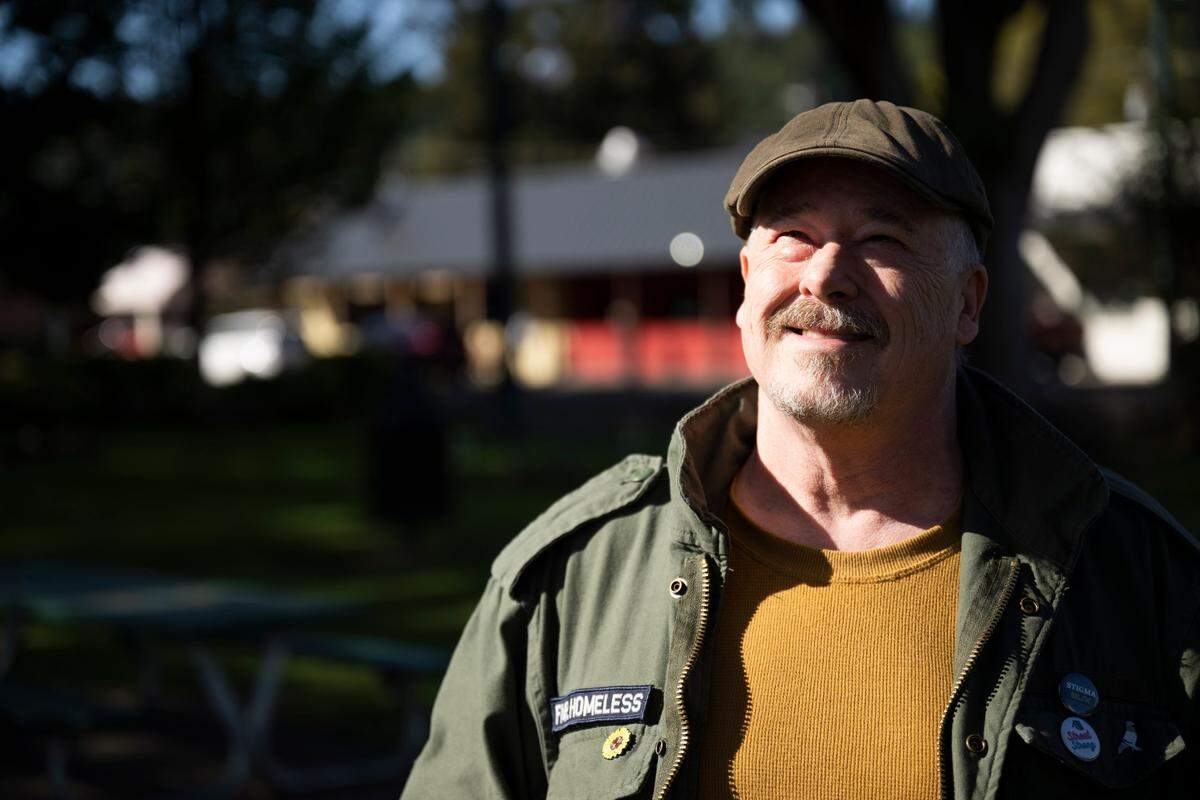 Orting City Councilor Tod Gunther, who was formerly homeless, poses for a portrait in Central Park, on Thursday, May 2, 2024, in Orting, Wash.