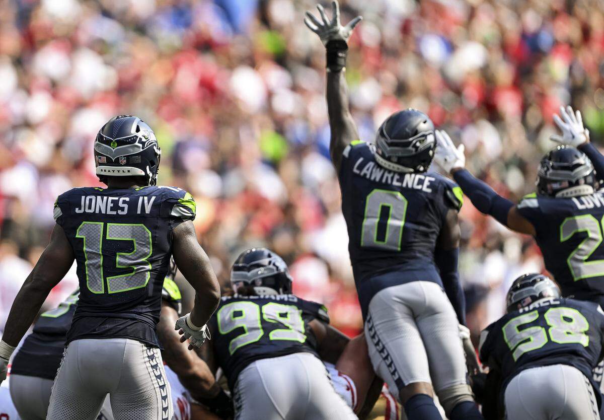 Seattle Seahawks defense blocks a field goal attempt against the San Francisco 49ers during the third quarter of the game at Lumen Field, on Sunday, Sept. 7, 2025, in Seattle.