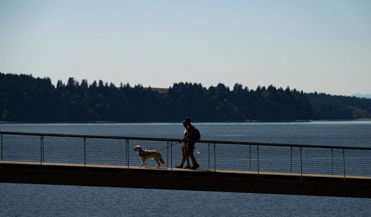 As temperatures reach the high 80s, people with a dog walk along the pier at Chambers Bay Beach on Monday, June 30, 2025, in University Place, Wash. 