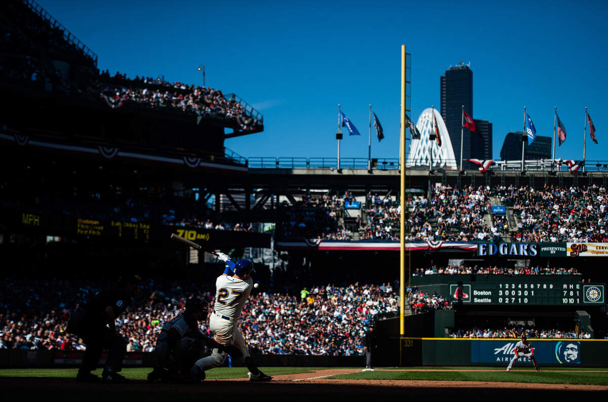 Third baseman Ryon Healy fouls off a ball in the sixth inning. The Seattle Mariners played the Boston Red Sox in a Major League Baseball Game at T-Mobile Park in Seattle, Wash., on Sunday, March 31, 2019. 