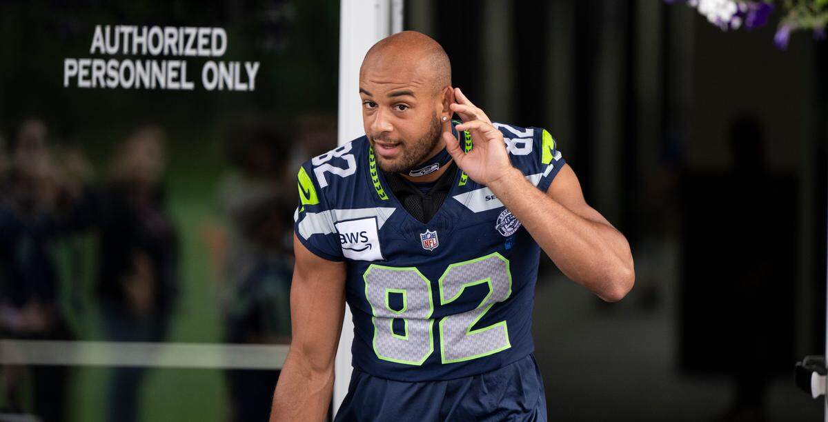 Seattle Seahawks wide receiver Cody White (82) walks out during training camp at Virginia Mason Athletic Center on Friday, July 25, 2025, in Renton.