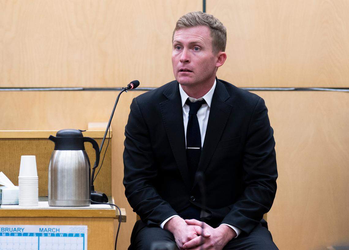 Jacob “Jake” Jackson, former Sumner High School boys basketball coach, prepares to testify during his sex-abuse trial. Photographed at Pierce County Superior Court on Tuesday, Jan. 21, 2025, in Tacoma.