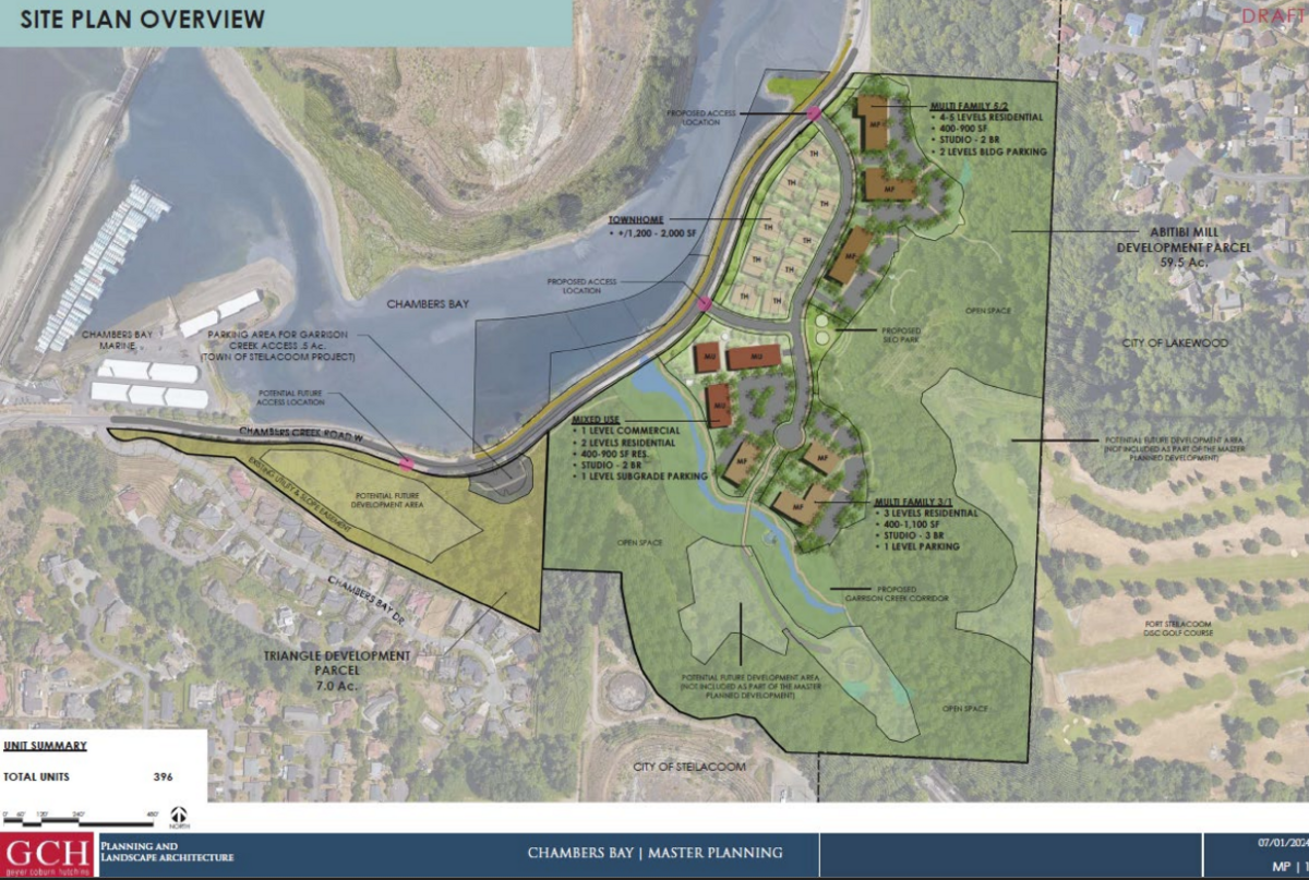 A draft site plan of The Cove at Chambers Bay seeks to transform the former Abitibi paper mill site in Steilacoom nto a mixed-use commercial and residential development project with up to 396 housing units.