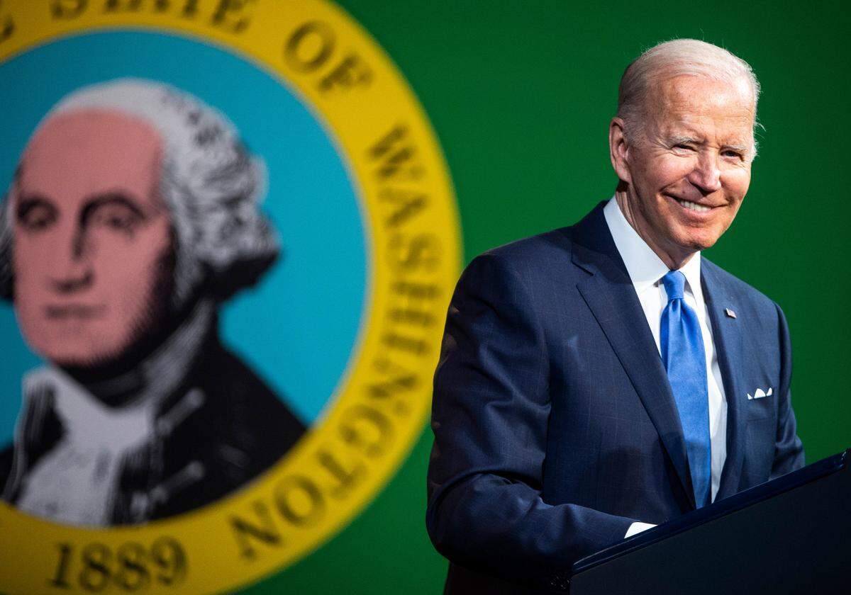 President Joe Biden gives a speech about lowering medical costs for American families at Green River College in Auburn, Washington on Friday, April 22, 2022.