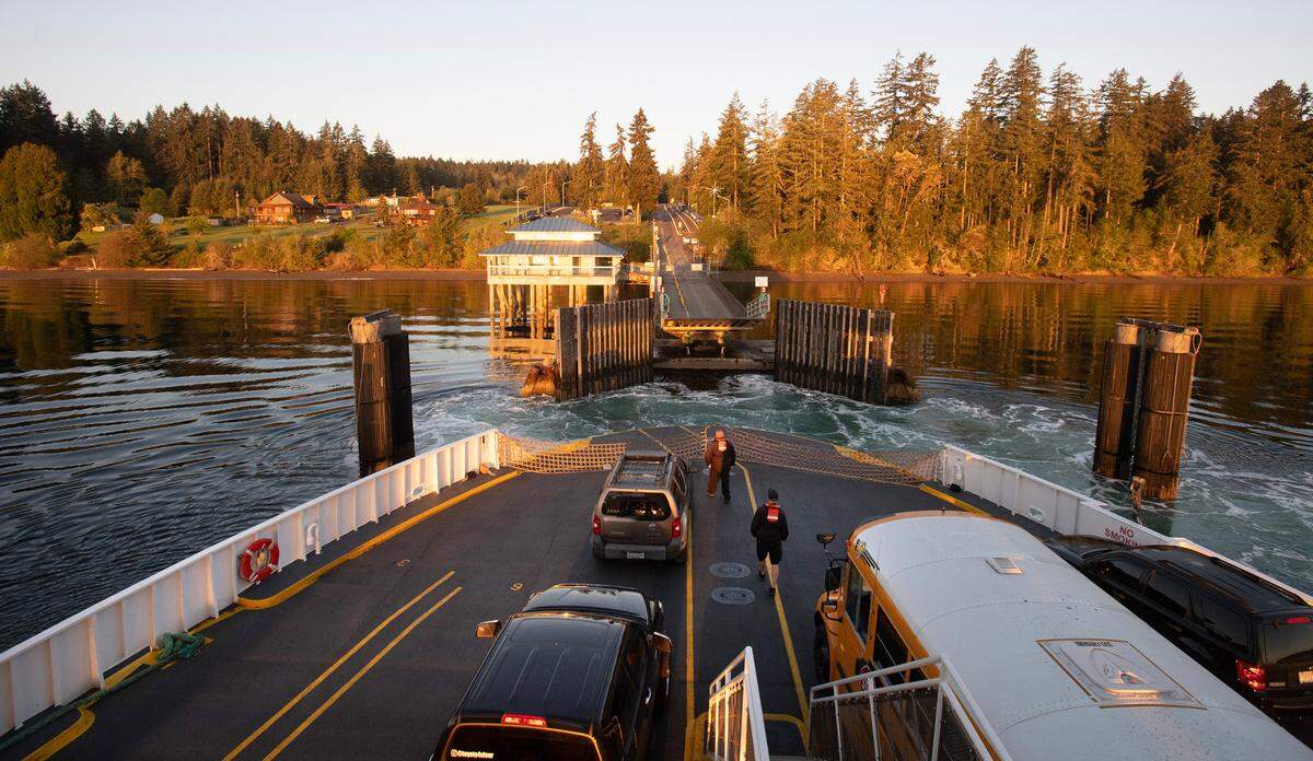 The M/V Christine Anderson 5:45 am ferry from Steilacoom, Washington, arrives at the Anderson Island dock on Wednesday, May 10, 2023.