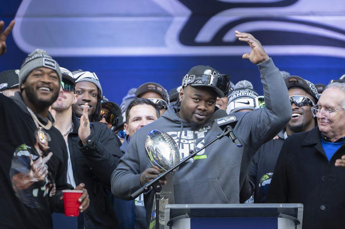 Seattle Seahawks veteran defensive tackle Jarran Reed speaks to the crowd during the team’s Super Bowl trophy celebration event at Lumen Field on Wednesday, Feb. 11, 2026, in Seattle.