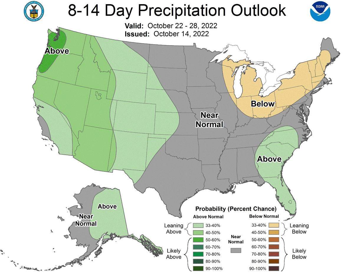 After an unseasonably dry and warm start to October, the rains are set to come back to the Puget Sound region, as seen in this outlook map published Friday from the National Weather Service.