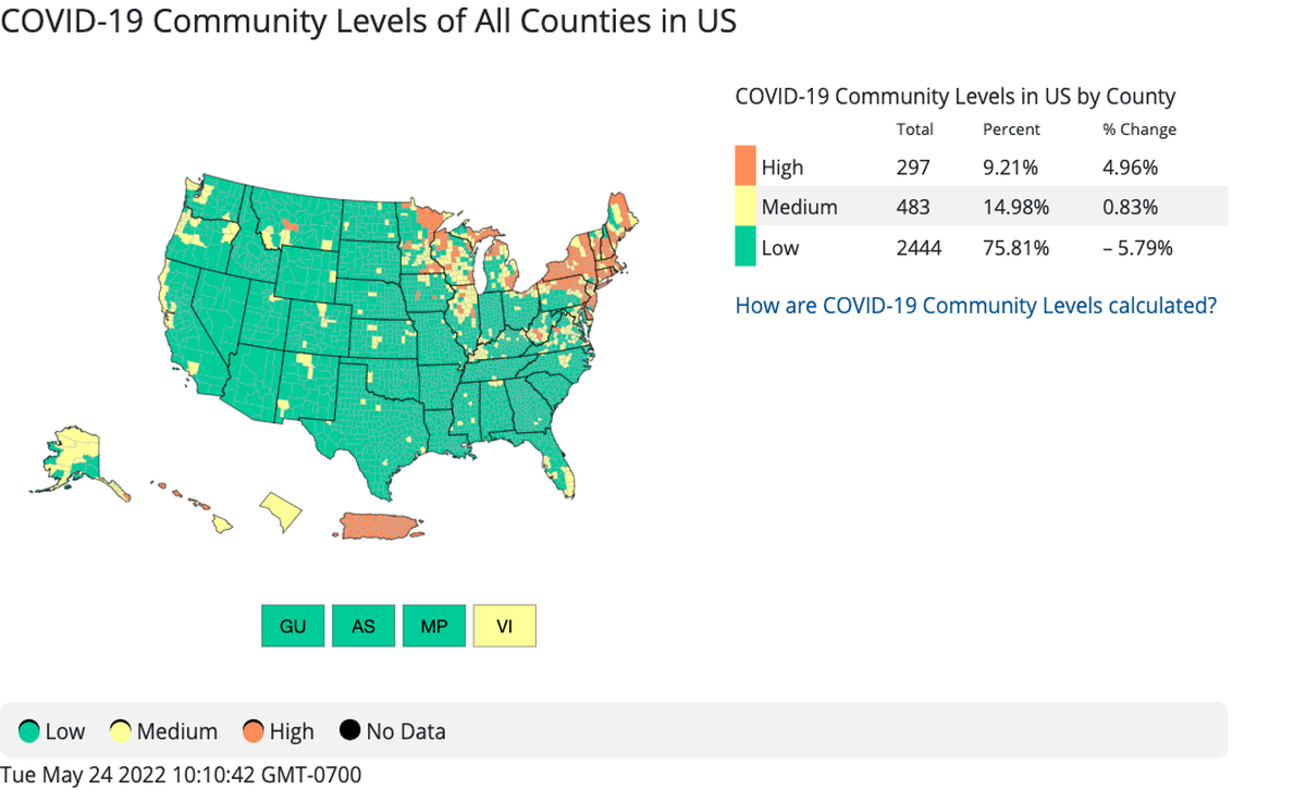 The CDC’s map of community level COVID-19 as of May 24.