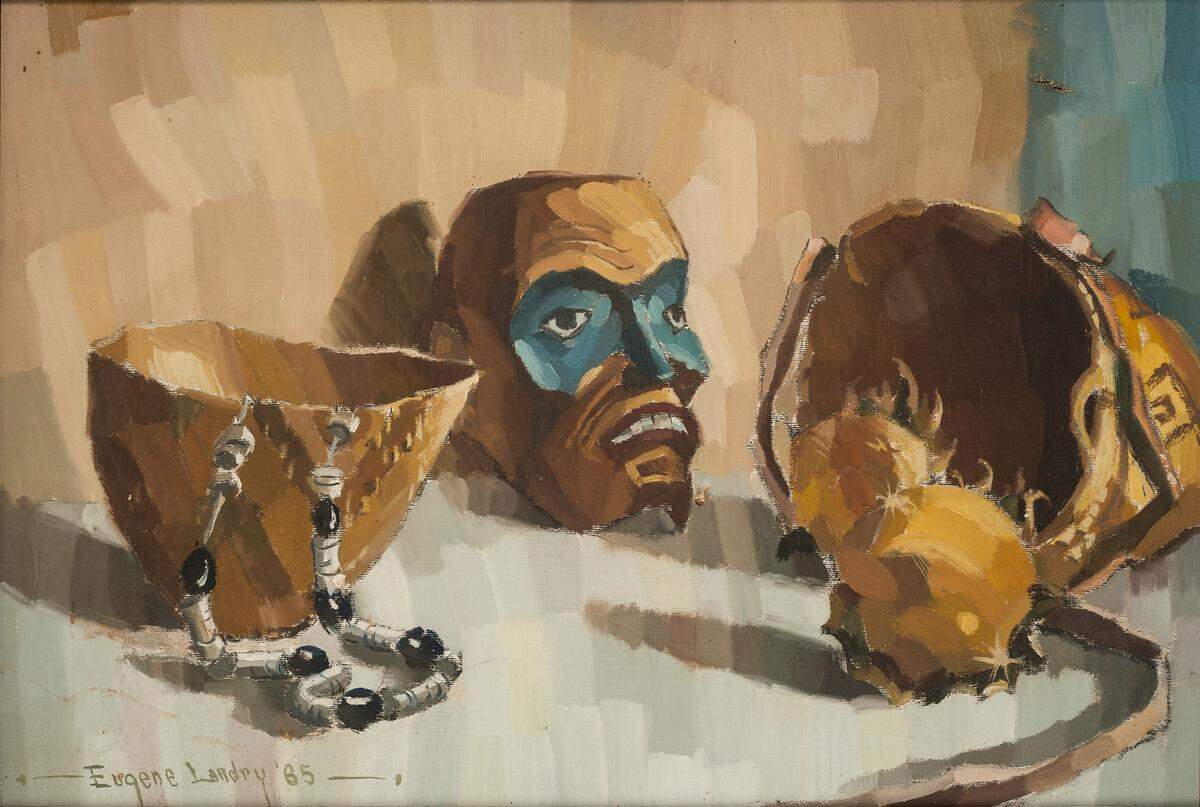 A 1985 still life of a mask and baskets by Eugene Landry.
