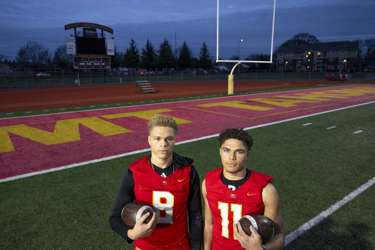 Brothers Shan Jones, left, and Teaven Jones, both linebackers for Mount Tahoma, stand for a portrait on Wednesday, Dec. 3, 2025, at Mount Tahoma High School in Tacoma, Wash.