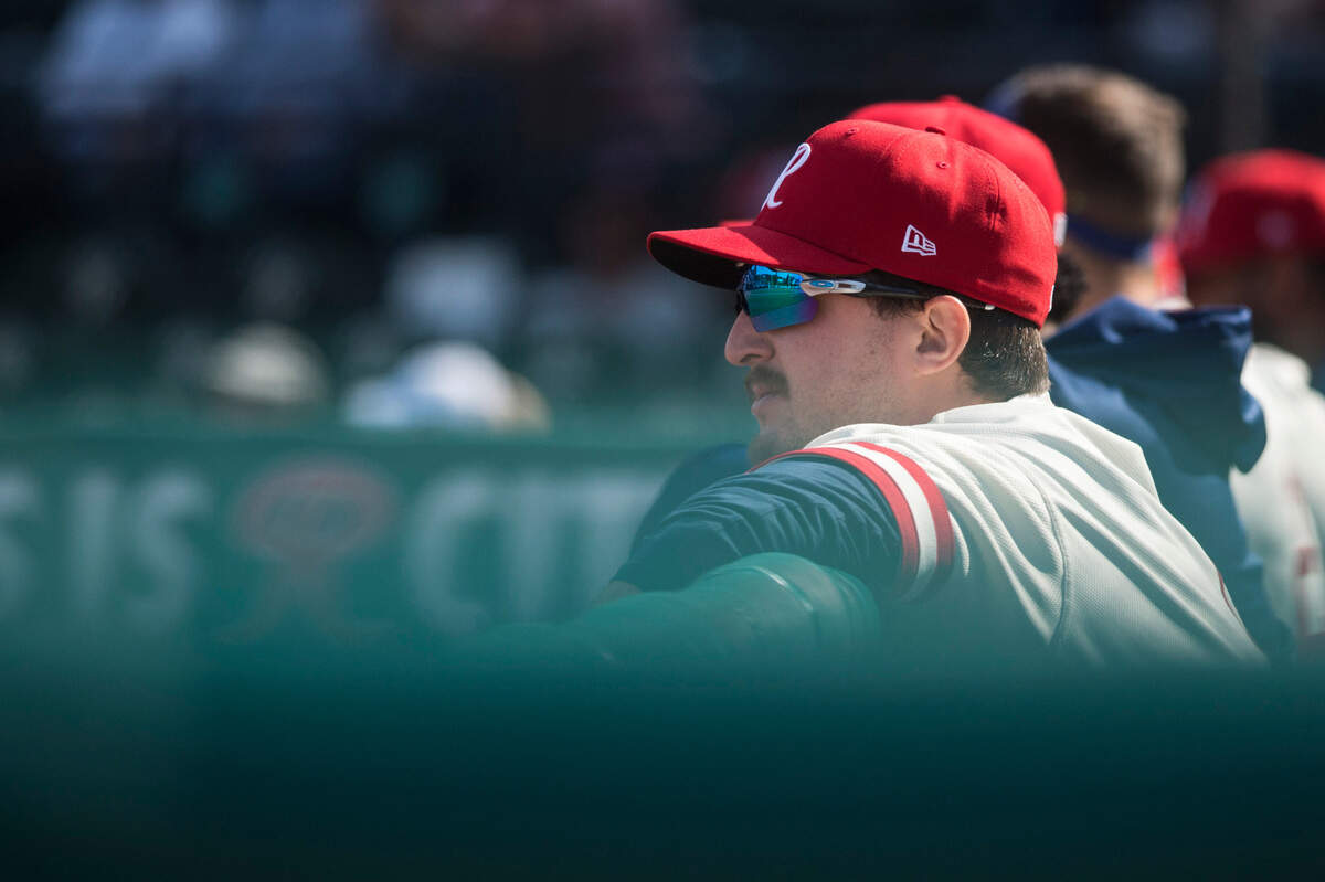 Tacoma Rainiers designated hitter Trent Tingelstad watches from the dugout in a game against the Sugar Land Space Cowboys on Sunday, April 24, 2022 at Cheney Stadium in Tacoma, Wash.