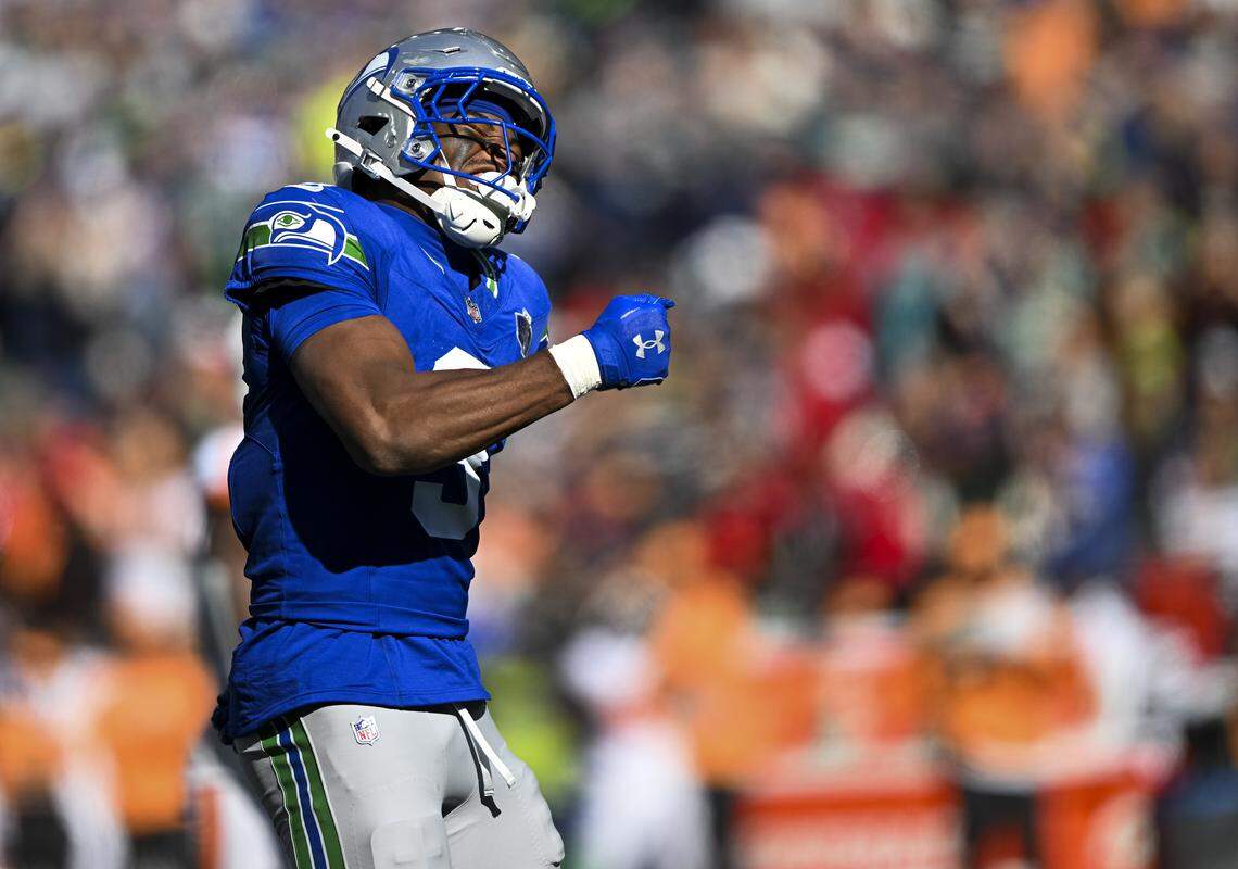 Seattle Seahawks safety Nick Emmanwori (3) reacts to a stop against the Tampa Bay Buccaneers during the third quarter of the game at Lumen Field, on Sunday, Oct. 5, 2025, in Seattle.