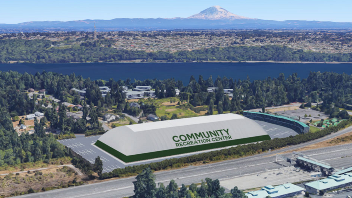 This rendering shows a 190,000-square-foot community recreation center planned by the Peninsula Metropolitan Park District.