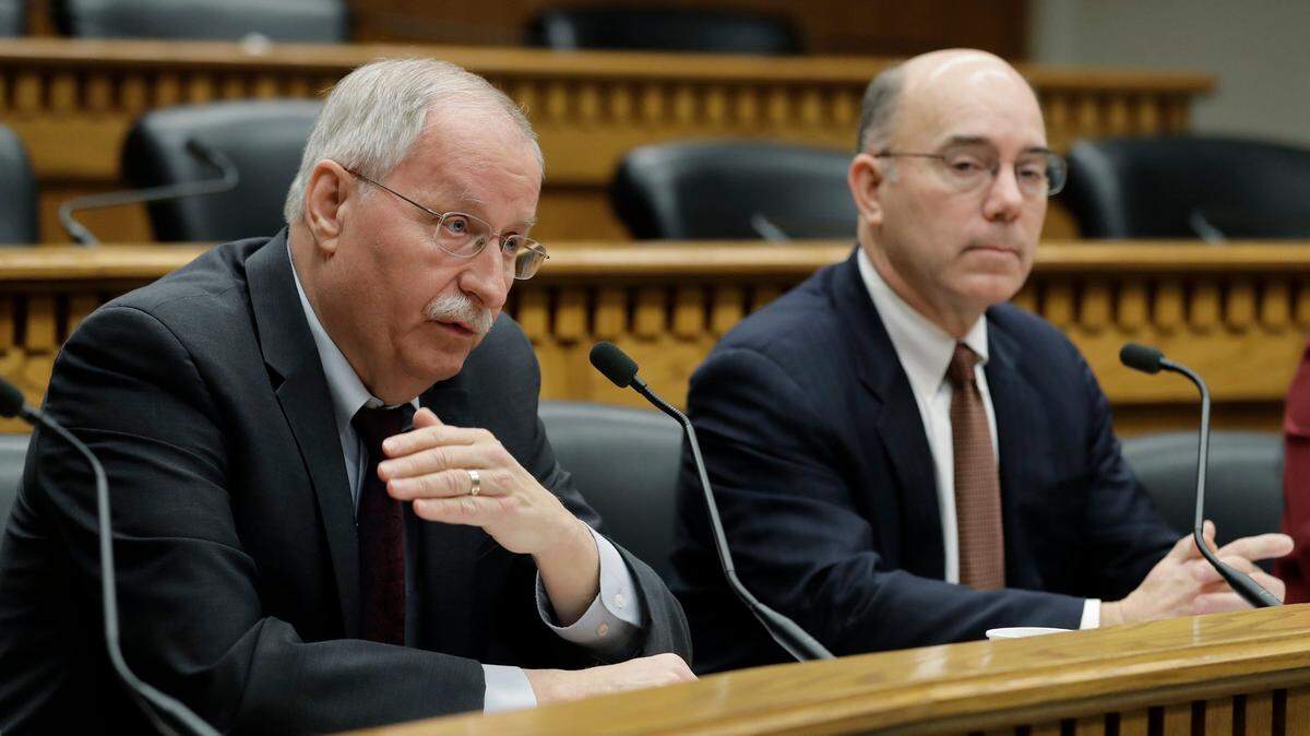 House Speaker Frank Chopp, D-Seattle, left, speaks as he sits next to Sen. Keith Wagoner, R-Sedro-Woolley, the ranking Republican on the Behavioral Health Subcommittee, as they take part in the Mental Health Reform Panel discussion during The Associated Press Legislative Preview, Thursday, Jan. 10, 2019, at the Capitol in Olympia, Wash. The Legislature opens the 2019 session on Monday, Jan. 14. (AP Photo/Ted S. Warren)