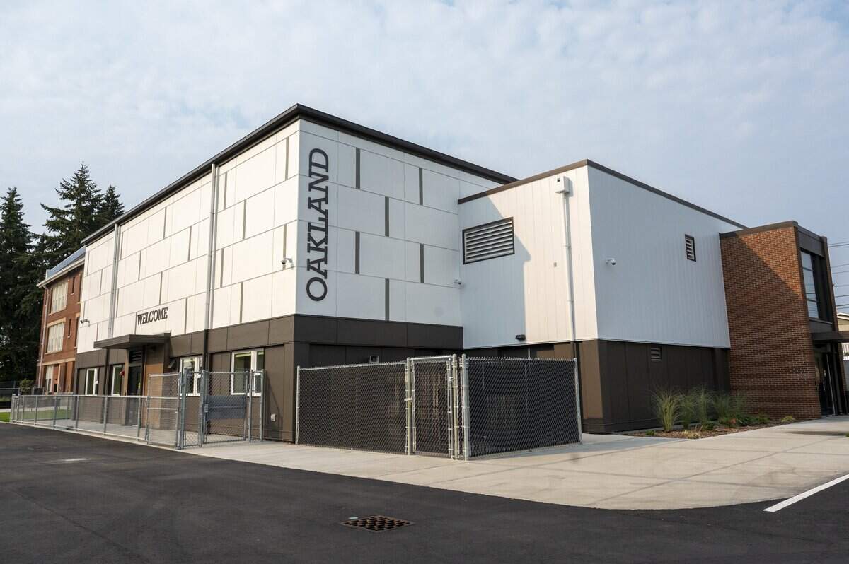 A separate entrance at the back of the newly renovated Oakland Secondary School leads to the day care facilities at the school, which are expected to open later this year, pictured on Thursday, Sept. 4, 2025, in Tacoma, Wash.