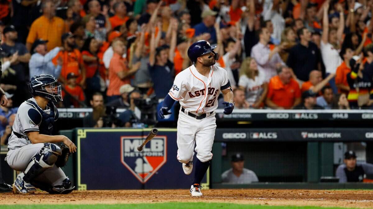 Houston Astros’ Jose Altuve watches his two-run walk-off to win Game 6 of baseball’s American League Championship Series against the New York Yankees Saturday, Oct. 19, 2019, in Houston. The Astros won 6-4 to win the series 4-2. (AP Photo/Matt Slocum)