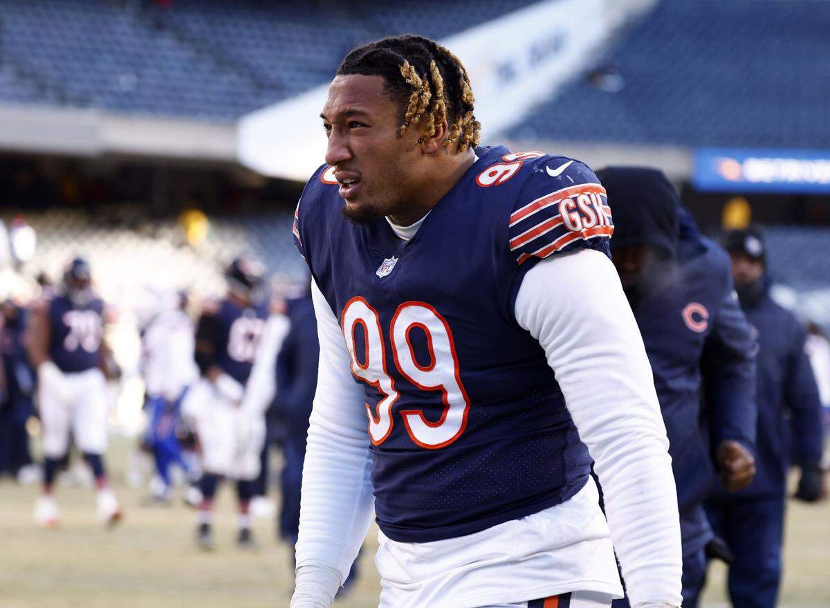 Dec 24, 2022; Chicago, Illinois, USA; Chicago Bears linebacker Trevis Gipson (99) after the game against the Buffalo Bills at Soldier Field. Mandatory Credit: Mike Dinovo-USA TODAY Sports